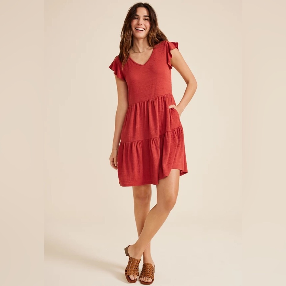 Max Studio Red Tiered Midi Dress | XS | Flutter Sleeve | V-Neck